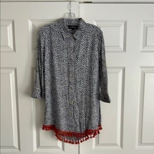 Liza Byrd - Navy and White Patterned Top with Orange Tassel Trim